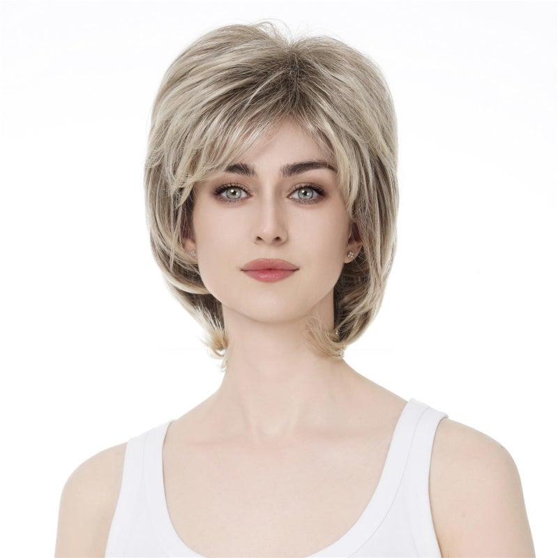 Aimole Short Layers Shaggy Full Wig Natural Wavy Hair Ombre Blonde With Dark Root Wigs Synthetic Hair Women Capless Wig R1026 Ombre