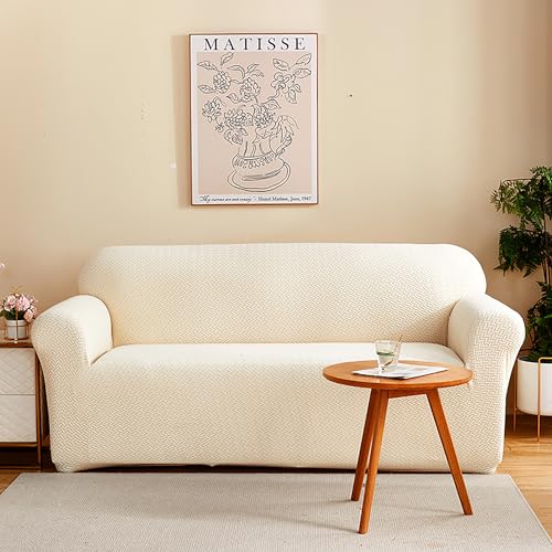 House of Quirk Universal Five Seater 3 + 1 + 1 Polar Fleece Fabric Sofa Slipcover Big Elasticity Cover for Couch Flexible Stretch Sofa Slipcover (Cream) - Image 2