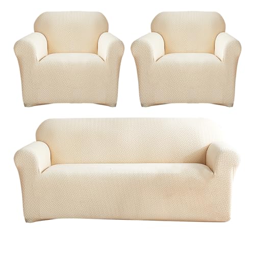House of Quirk Universal Five Seater 3 + 1 + 1 Polar Fleece Fabric Sofa Slipcover Big Elasticity Cover for Couch Flexible Stretch Sofa Slipcover (Cream) - Image 1