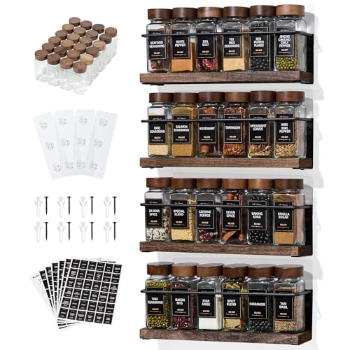 KitHero 4-Tier Wall Mount Spice Rack Organizer with 24 Glass Jars, 216 Labels & Funnel - Screw/Adhesive Mount, Black Metal & Wood Spice Storage for Kitchen Pantry Cabinet, 11.6”L x 2.4”W x 3.2”H - Image 1