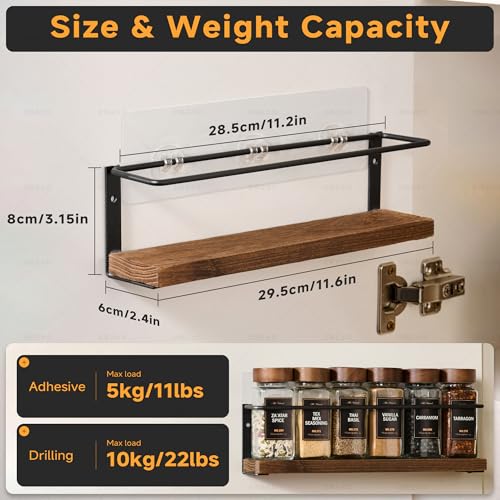 KitHero 4-Tier Wall Mount Spice Rack Organizer with 24 Glass Jars, 216 Labels & Funnel - Screw/Adhesive Mount, Black Metal & Wood Spice Storage for Kitchen Pantry Cabinet, 11.6”L x 2.4”W x 3.2”H - Image 3