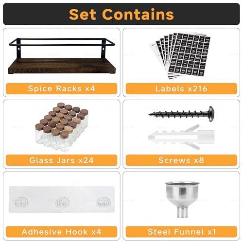 KitHero 4-Tier Wall Mount Spice Rack Organizer with 24 Glass Jars, 216 Labels & Funnel - Screw/Adhesive Mount, Black Metal & Wood Spice Storage for Kitchen Pantry Cabinet, 11.6”L x 2.4”W x 3.2”H - Image 2