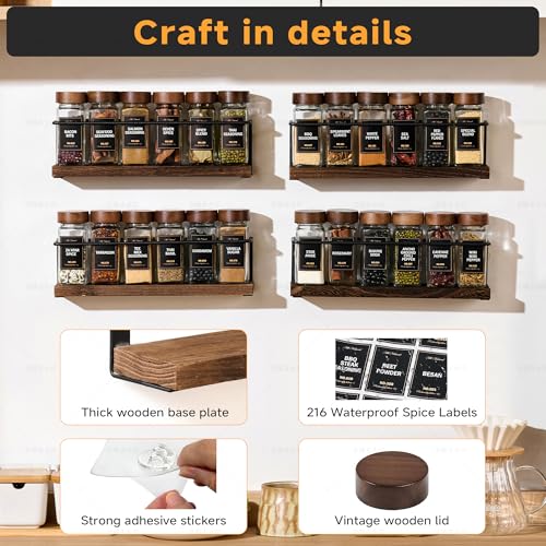 KitHero 4-Tier Wall Mount Spice Rack Organizer with 24 Glass Jars, 216 Labels & Funnel - Screw/Adhesive Mount, Black Metal & Wood Spice Storage for Kitchen Pantry Cabinet, 11.6”L x 2.4”W x 3.2”H - Image 4