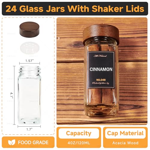 KitHero 4-Tier Wall Mount Spice Rack Organizer with 24 Glass Jars, 216 Labels & Funnel - Screw/Adhesive Mount, Black Metal & Wood Spice Storage for Kitchen Pantry Cabinet, 11.6”L x 2.4”W x 3.2”H - Image 5