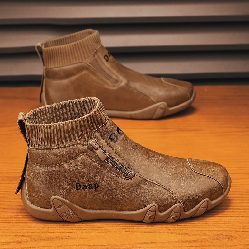 Mens Martin Boots Spring 2024 High-Top Slip-On Casual Leather Work Shoes MS77 Brown 
