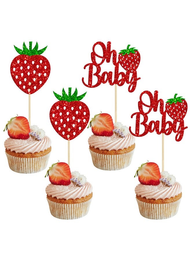 Ephlyn 24 Pack Sweet Oh Baby Cupcake Toppers Glitter Oh Baby Strawberry Cupcake Picks Fruit Berry Cupcake Decorations for Summer Strawberry Baby Shower Kids Birthday Party Supplies Red - Image 1