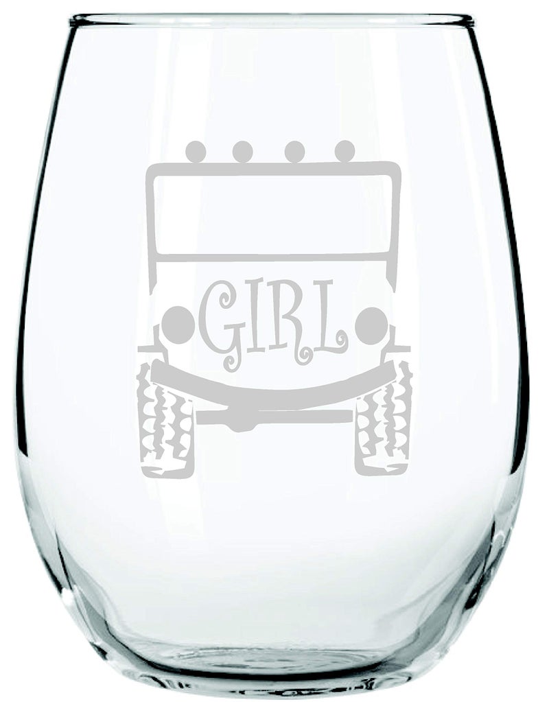 IE Laserware Trucker GIRLS like offroad too STEMLESS WINE GLASS  Off Road Rock Climber or Mall Crawler  Woman or Girl Offroaders 4 X 4  15 Ounce  Birthday Anniversary 