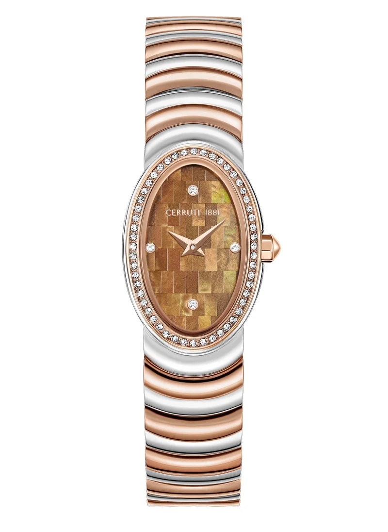 شيروتي 1881 Cerruti 1881 Norcia Analog Women's Watch - Oval Mosaic Brown Mother of Pearl Dial, Two-Tone Bracelet, Butterfly Buckle