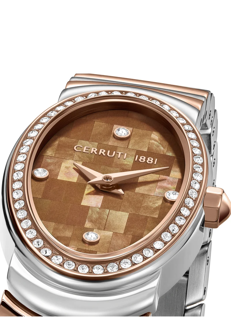 CERRUTI 1881 Cerruti 1881 Norcia Analog Women's Watch - Oval Mosaic Brown Mother of Pearl Dial, Two-Tone Bracelet, Butterfly Buckle