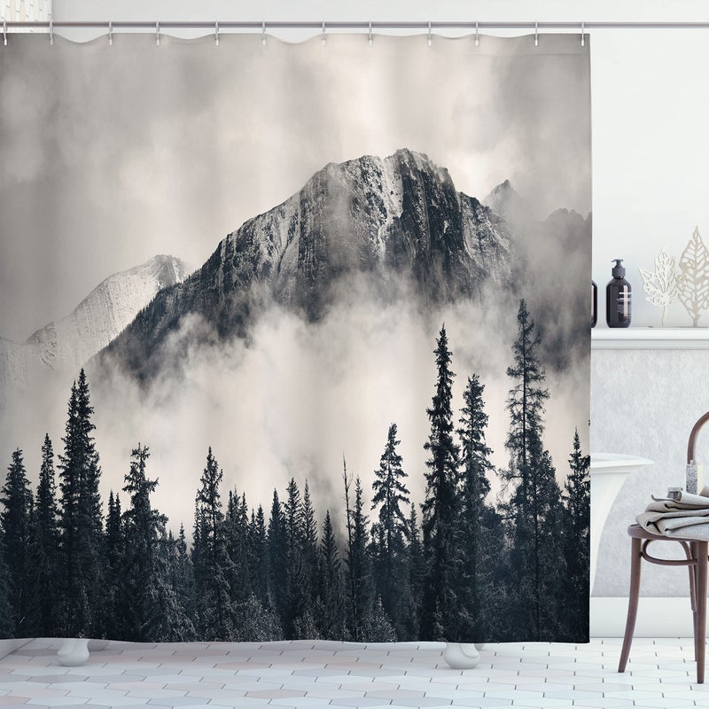 Ambesonne Ambesonne National Parks Shower Curtain Canadian Smokey Mountain Cliff Outdoors Idyllic Scenery Photo Artwork Cloth Fabric Bathroom Decor Set with Hooks 69 W x 70 L Black White