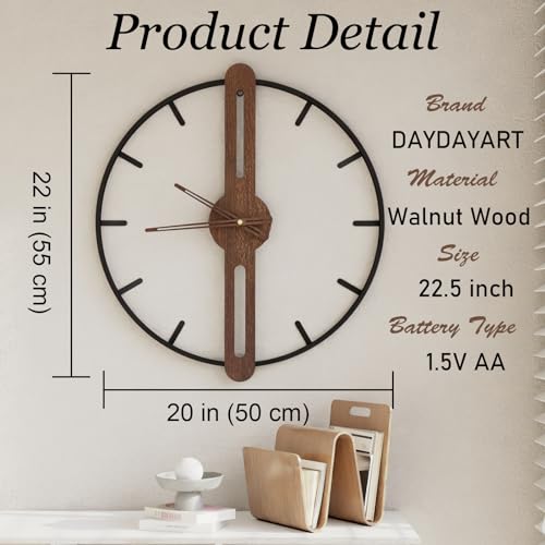 DAYDAYART Modern Walnut Dial Wall Clock, Wood Large Wall Clock Decor Metal Frame Silent Non Ticking for Living Room, Bedroom, Kitchen, Study Decoration, Handmade Home Present Idea, 20 in （50 cm） - Image 3
