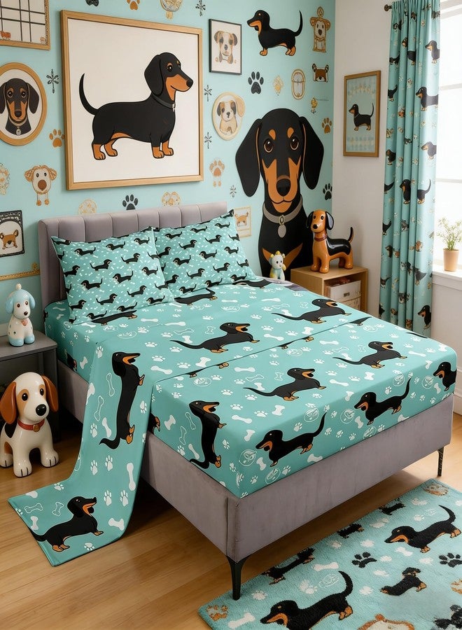 Homewish Cartoon Dachshund Bed Sheet Set Queen Size,Bones Dog Paws Hand Sketch Bedding Set for Children Adult,Cute Puppy Kawaii Pet Animal Sheet Sets with Flat, Fitted Sheet, 2 Pillowcases - Image 1