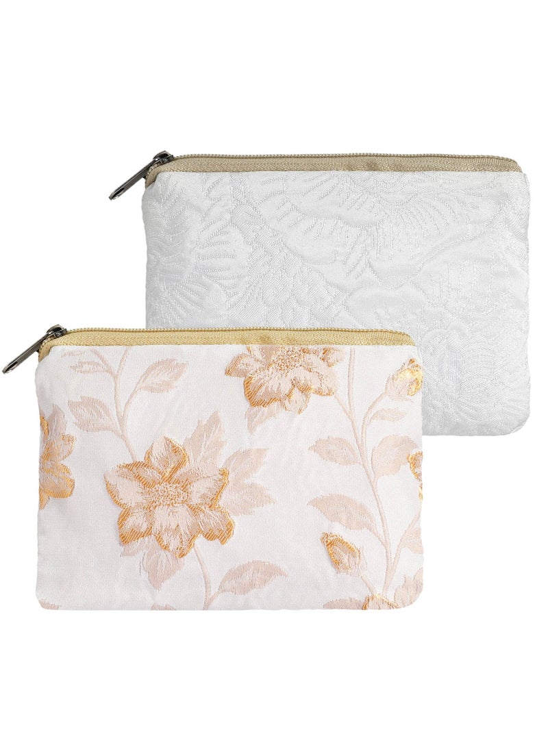 Floral Embroidery Makeup Bag Set - 2 Soft Cosmetic Pouches for Lipstick & Toiletries, Portable Zipper Organizers in White & Beige, Perfect for Purse & Travel  - Image 1