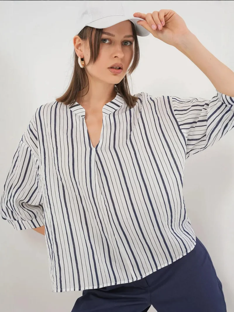 Big Dart Blue BDART Striped V-Neck Blouse for Women | Best Price UAE