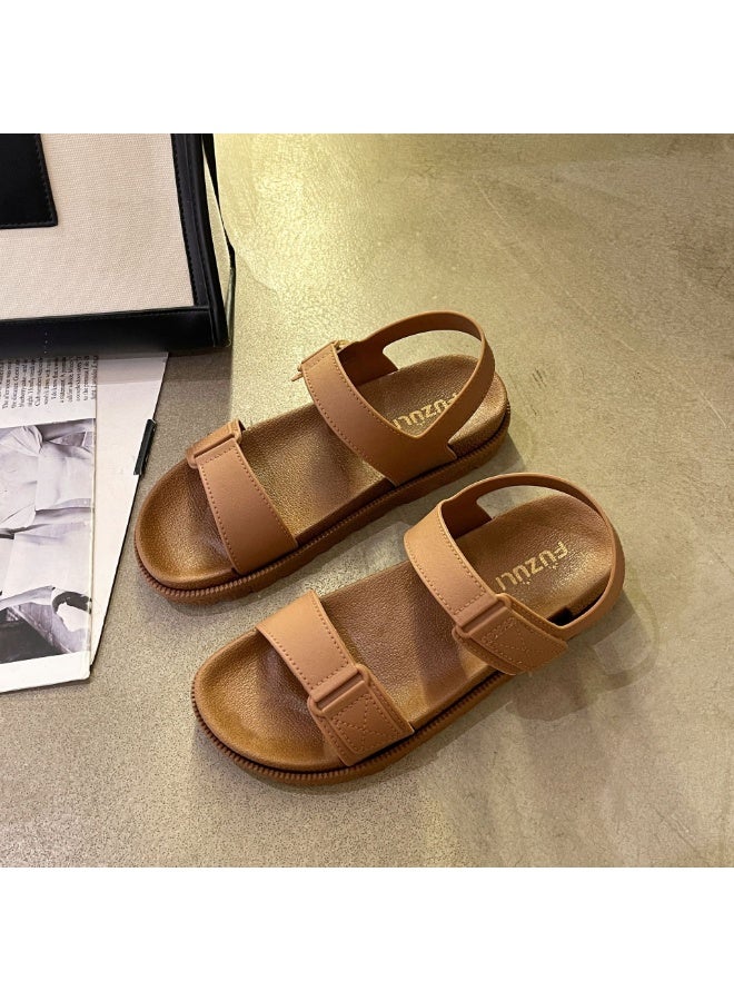 NIBEMINENT Outside Wear Korean Version Summer  Women's Sandals Flat Fashion Casual Beach Word with Velcro Sandals Platform Sandals - Image 1
