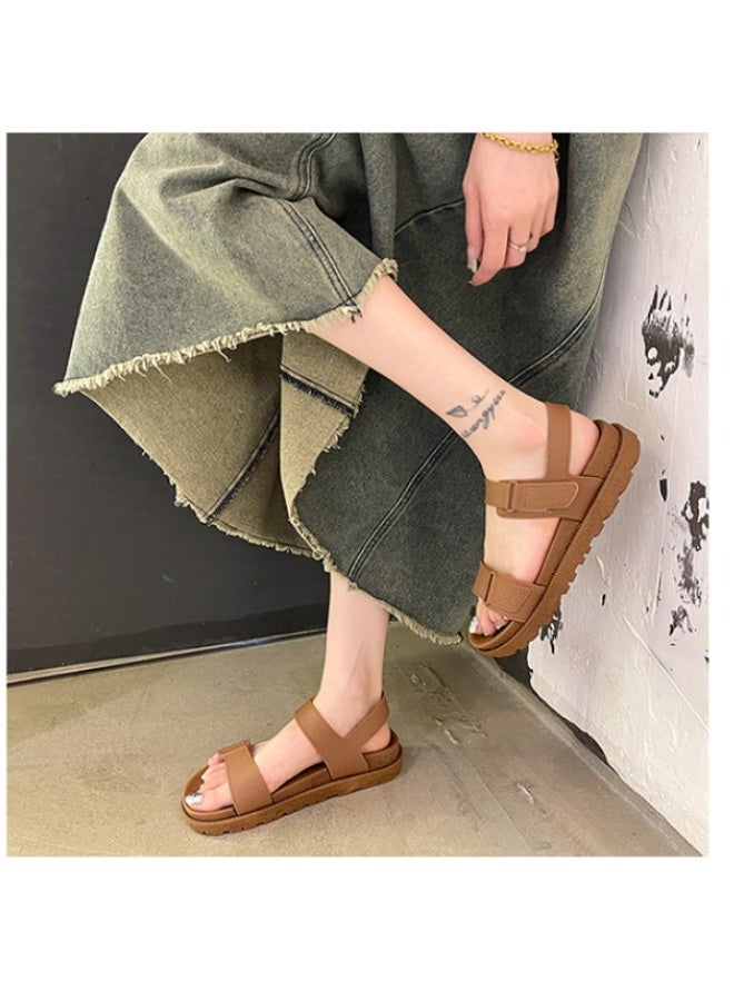 NIBEMINENT Outside Wear Korean Version Summer  Women's Sandals Flat Fashion Casual Beach Word with Velcro Sandals Platform Sandals - Image 2
