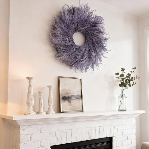 HipTree 28 Inch Farmhouse Lavender Purple Flocked Cypress Wreath Outdoor- Handmade Faux Lavender Pampas Grass Wreath for Front Door, Spring/Summer/Easter/Wedding All-Season Home Décor - Image 3