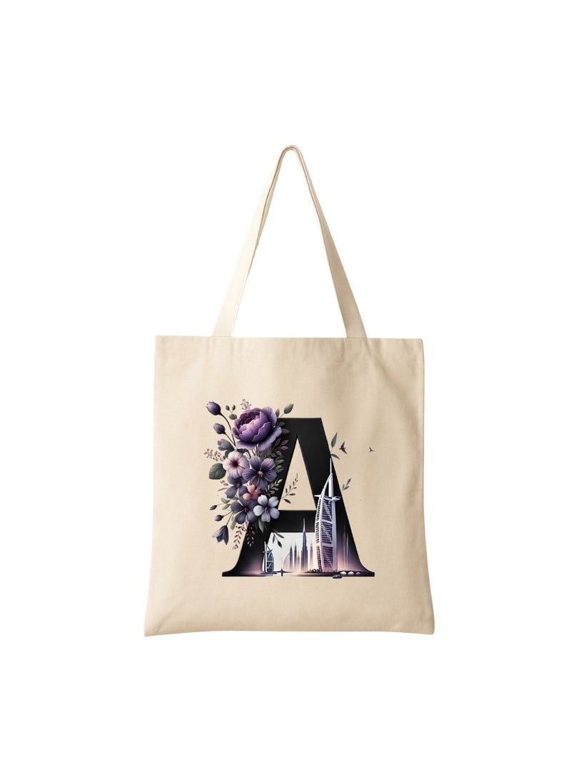 برينت شوب فور مي حقيبة تسوق صديقة للبيئة بنقشة أحرف أولية - حقيبة تسوق قماشية بطبعة زهور وأفق دبي | هدية قابلة لإعادة الاستخدام لإشبينة العروس، هدايا زفاف، حقيبة حمل يومية - Image 1