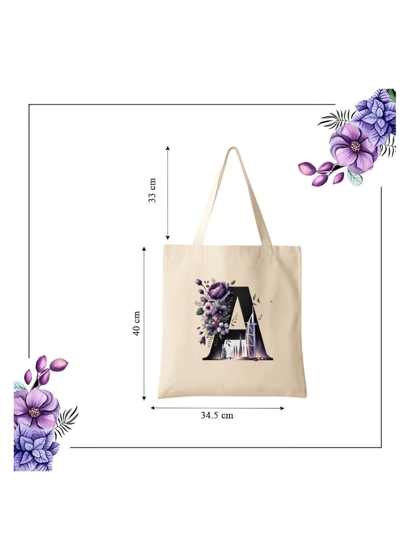 برينت شوب فور مي حقيبة تسوق صديقة للبيئة بنقشة أحرف أولية - حقيبة تسوق قماشية بطبعة زهور وأفق دبي | هدية قابلة لإعادة الاستخدام لإشبينة العروس، هدايا زفاف، حقيبة حمل يومية - Image 3