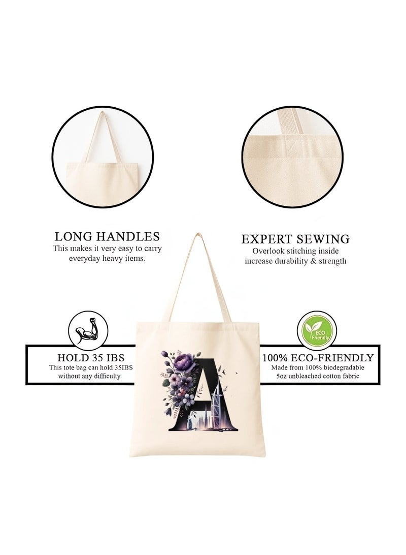 برينت شوب فور مي حقيبة تسوق صديقة للبيئة بنقشة أحرف أولية - حقيبة تسوق قماشية بطبعة زهور وأفق دبي | هدية قابلة لإعادة الاستخدام لإشبينة العروس، هدايا زفاف، حقيبة حمل يومية - Image 4