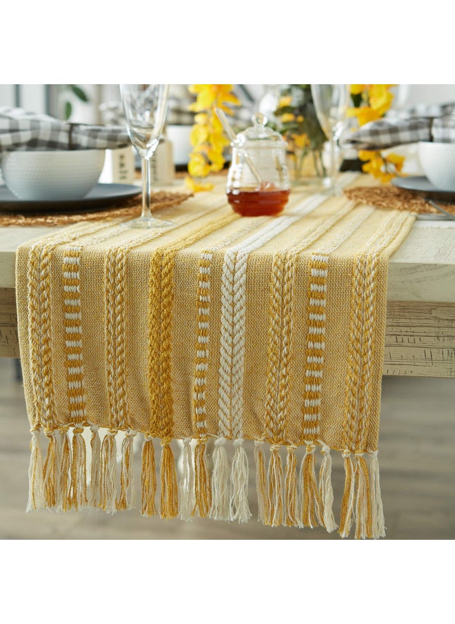 DII Farmhouse Braided Stripe Table Runner Collection, 15x72 (15x77, Fringe Included), Honey Gold