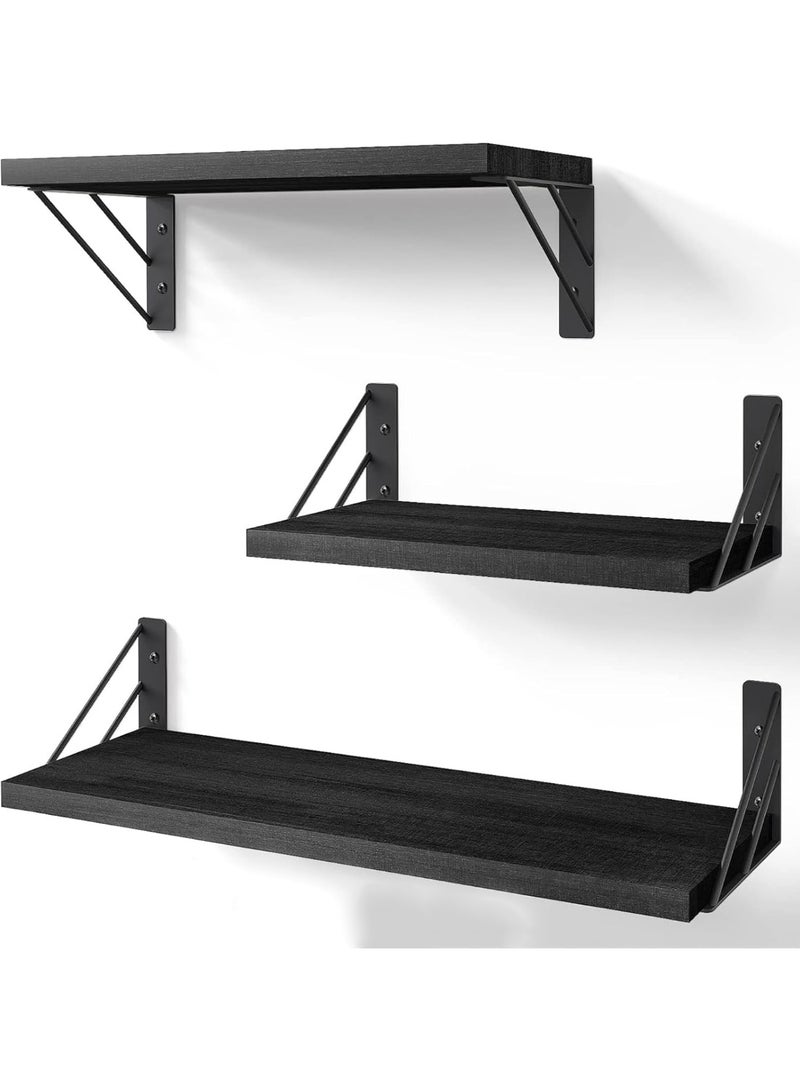Relex Wall Shelves for Bedroom Decor, Light Carbonized Wall Shelves Different Sizes, Wall Mounted Wood Shelf for Books, Plants, Small Wall Shelf for Bathroom, Kitchen, Living Room (Black, 3 Pcs) - Image 1