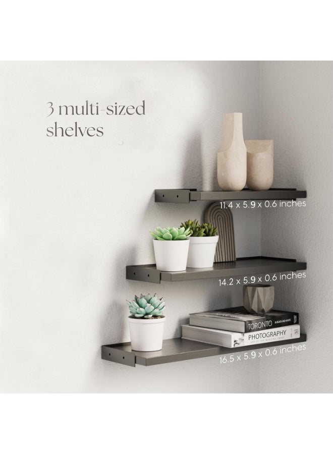 Relex Wall Shelves for Bedroom Decor, Light Carbonized Wall Shelves Different Sizes, Wall Mounted Wood Shelf for Books, Plants, Small Wall Shelf for Bathroom, Kitchen, Living Room (Black, 3 Pcs) - Image 3