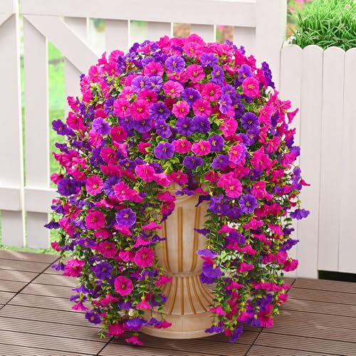 Dolicer 8 Packs Look Real Artificial Flowers for Outdoors, Fake Artificial Hanging Flowers for Outdoors Realistic UV Resistant Hanging Flowers Silk Petunia Faux Flowers for Porch Patio(Purple+Fuchsia) - Image 1