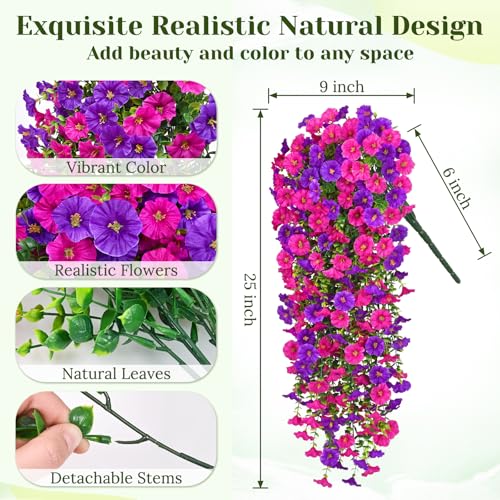 Dolicer 8 Packs Look Real Artificial Flowers for Outdoors, Fake Artificial Hanging Flowers for Outdoors Realistic UV Resistant Hanging Flowers Silk Petunia Faux Flowers for Porch Patio(Purple+Fuchsia) - Image 4