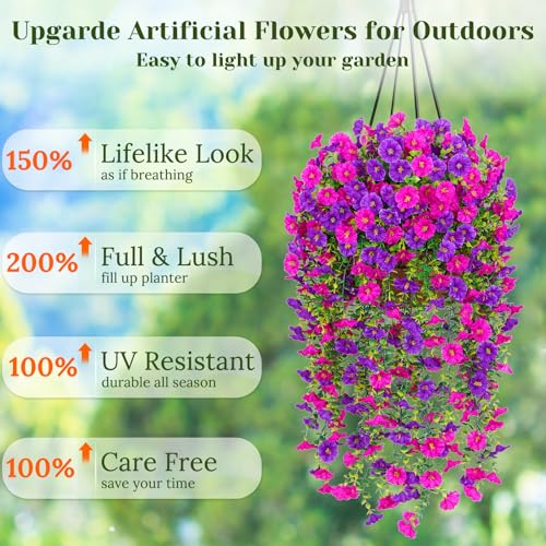 Dolicer 8 Packs Look Real Artificial Flowers for Outdoors, Fake Artificial Hanging Flowers for Outdoors Realistic UV Resistant Hanging Flowers Silk Petunia Faux Flowers for Porch Patio(Purple+Fuchsia) - Image 2