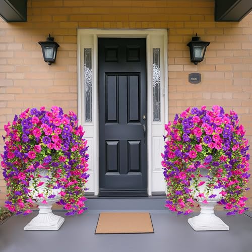 Dolicer 8 Packs Look Real Artificial Flowers for Outdoors, Fake Artificial Hanging Flowers for Outdoors Realistic UV Resistant Hanging Flowers Silk Petunia Faux Flowers for Porch Patio(Purple+Fuchsia) - Image 5