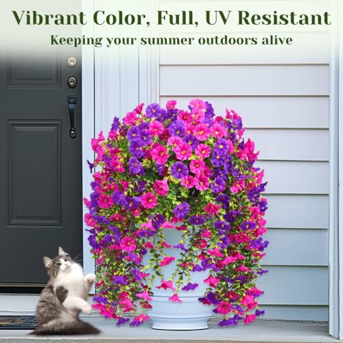 Dolicer 8 Packs Look Real Artificial Flowers for Outdoors, Fake Artificial Hanging Flowers for Outdoors Realistic UV Resistant Hanging Flowers Silk Petunia Faux Flowers for Porch Patio(Purple+Fuchsia) - Image 3