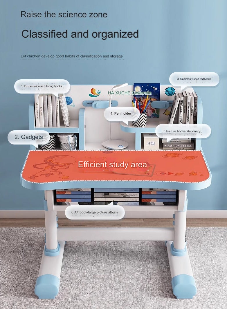 DubaiGallery طقم مكتب وكرسي للأطفال قابل للتعديل في الارتفاع مع مصباح طاولة، دعامة جلوس، طاولة دراسة متعددة الوظائف لمحطة عمل الطلاب، مناسبة للأولاد أو البنات - Image 2