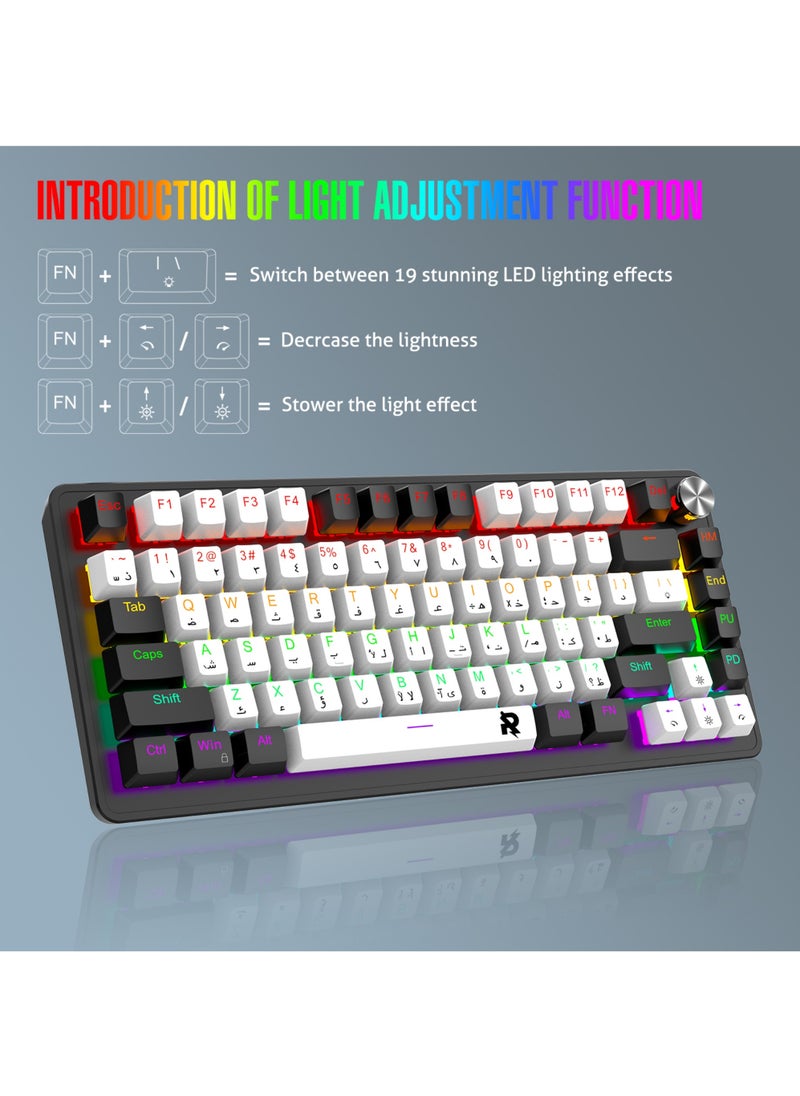 Rock Pow - ROCK POW 70% Gaming Keyboard,Arabic English 82 Keys Mechanical Keyboard with RGB Backlit 19 Modes,Volume Lighting Knob Wired Mini PBT Keycaps for PC Gaming and Working (Blue Switch)WB - Image 1