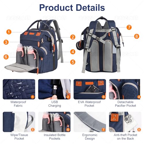 Shengmeister Diaper Bag Backpack with Changing Station and Toy Arch, 900D Waterproof Baby Travel Backpack for Mom and Dad, Large Capacity Maternity Bag with Insulated Pockets & USB Port, Blue - Image 4