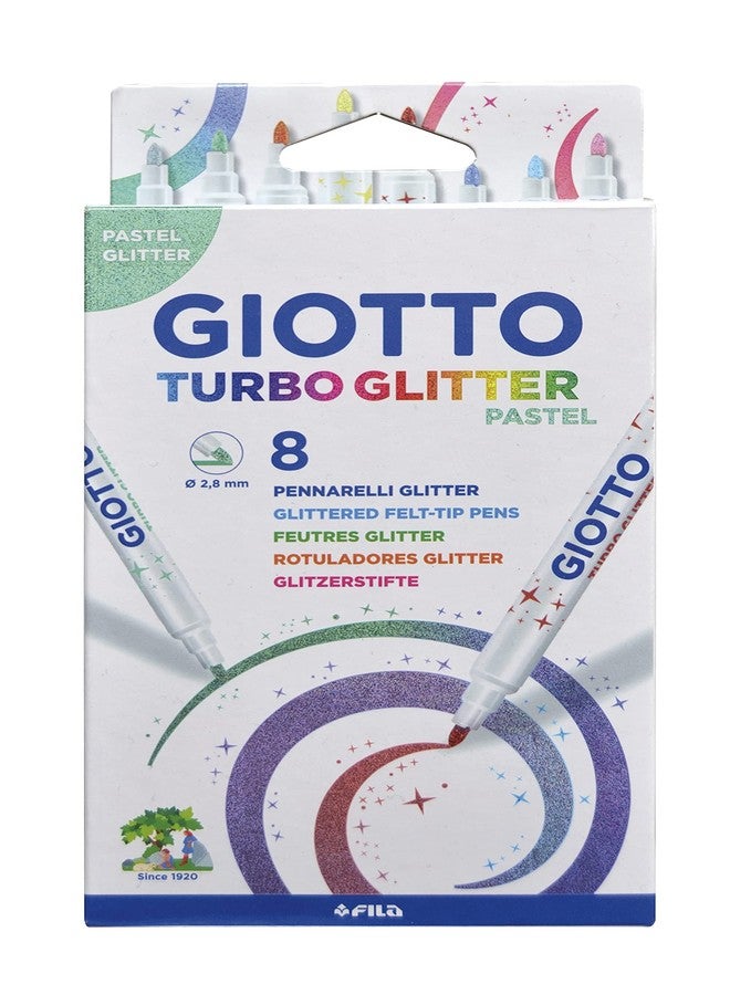 Giotto Turbo Glitter Ink Felt Tip Fibre Pens, Super Washable, Fine Tip Nib 2.8mm, 8 Pastel Colours, Ideal for Children, Parties and Schools - Image 1