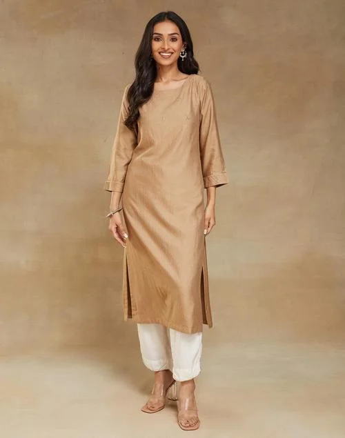 Fabindia Beige Viscose Silk Slim Fit Long Kurta