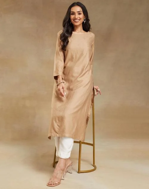 Fabindia Beige Viscose Silk Slim Fit Long Kurta