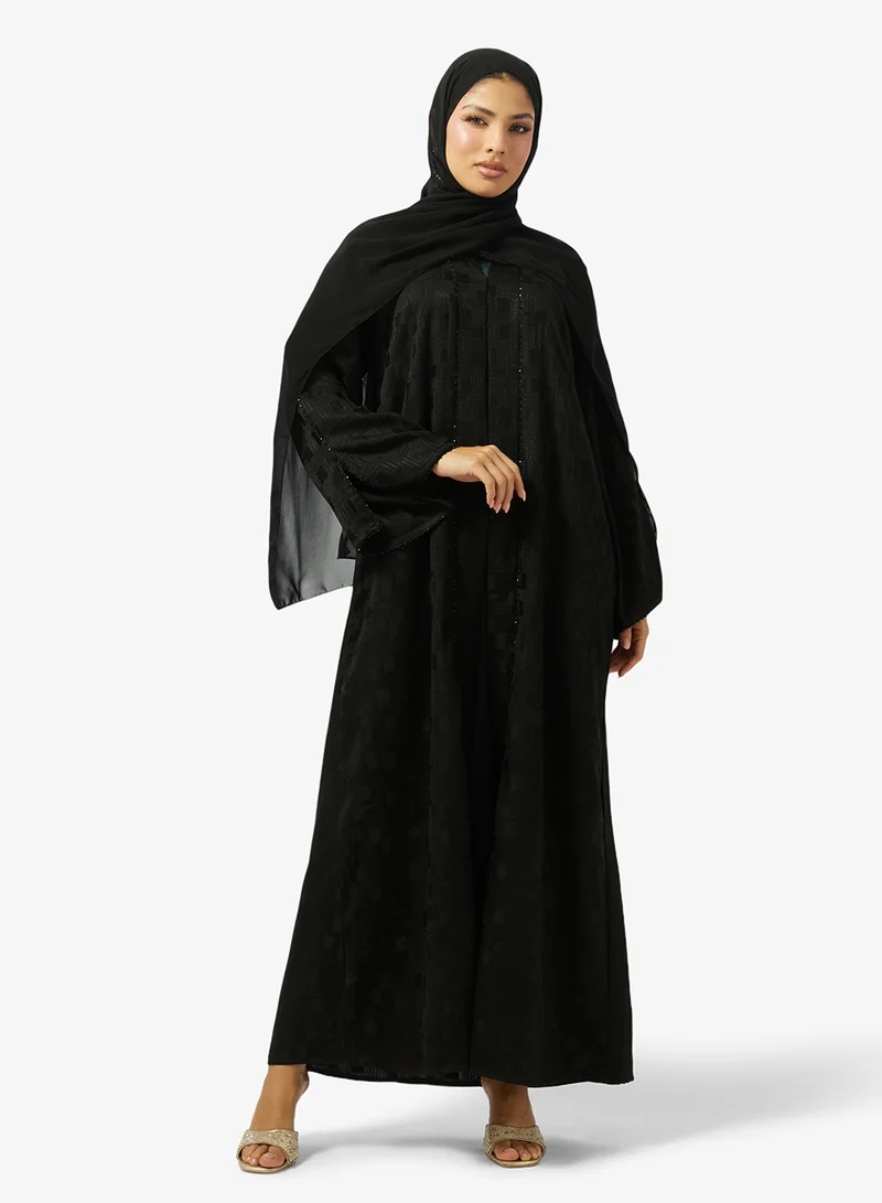 Floral Print Embellished Open Front V Neck Abaya
