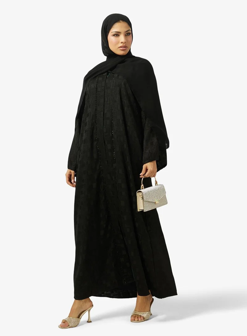 hayas closet Floral Print Embellished Open Front V Neck Abaya
