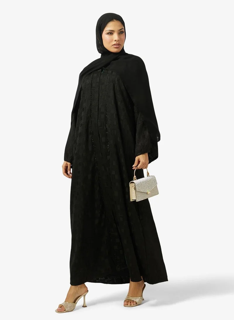 hayas closet Floral Print Embellished Open Front V Neck Abaya