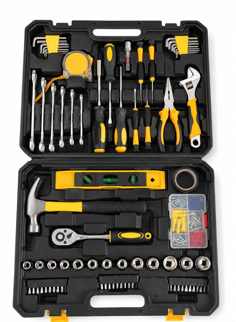 Inabyte 108-Piece Household Hand Tool Set with Portable Storage Case, Ratchet and 13 Sockets, Hammer, Pliers, Screwdrivers, Wrenches, Hex Keys, Tape Measure and Level for Home, Car and DIY, Black and Yellow - Image 1
