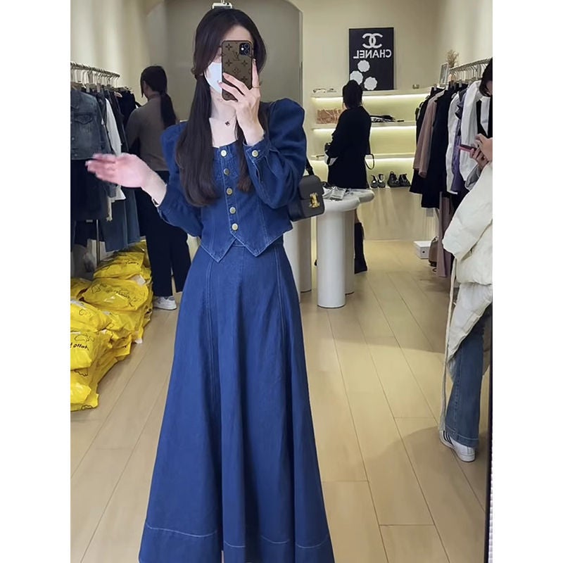 Retro Hong Kong Denim Skirt Set Women 2024 Autumn Slimming Fashion Two-Piece Single piece Denim coat