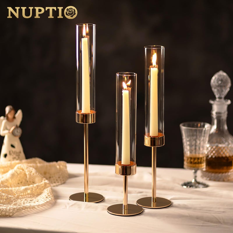 NUPTIO Candle Stick Holder for Wedding: 18 Pcs Tall Hurricane Gold Candles Holder with Clear Glass Chimney Cover - Tapered Candlestick Decor Bulk for Party Centerpiece - Image 2