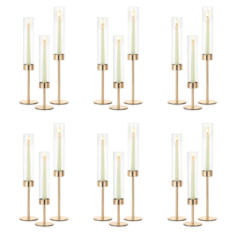 NUPTIO Candle Stick Holder for Wedding: 18 Pcs Tall Hurricane Gold Candles Holder with Clear Glass Chimney Cover - Tapered Candlestick Decor Bulk for Party Centerpiece - Image 1