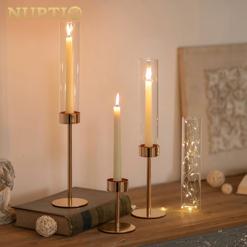 NUPTIO Candle Stick Holder for Wedding: 18 Pcs Tall Hurricane Gold Candles Holder with Clear Glass Chimney Cover - Tapered Candlestick Decor Bulk for Party Centerpiece - Image 3
