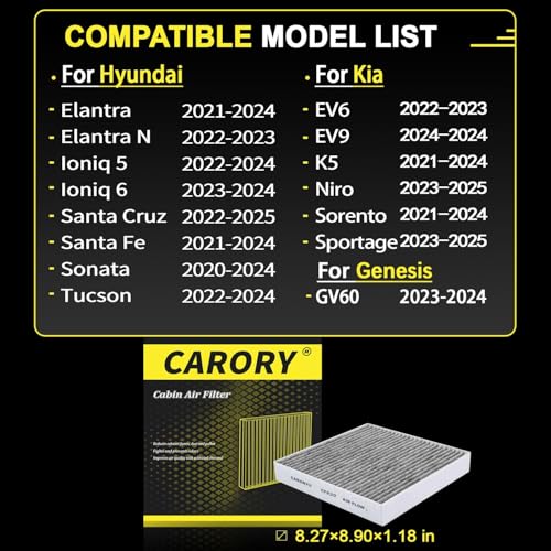 Carory Cabin Air Filter w/Activated Carbon for Hyundai, Kia, Genesis - Tucson, Elantra, Santa Fe, Santa Cruz, Sportage, Sorento, Sonata, Ioniq 5, Ioniq 6, K5, Elantra N, Niro, EV6, EV9, GV60 - Image 2