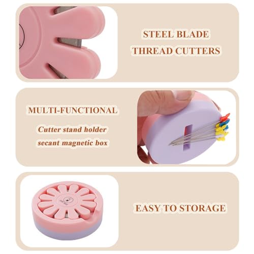 Yushen Thread Cutter Tool for Sewing, Flower Thread Cutting with Stand Quilting Supplies for Sewing Tools Magnetic Pins Holder Chain Piecing Blade Not Removable (Pink Case) - Image 4