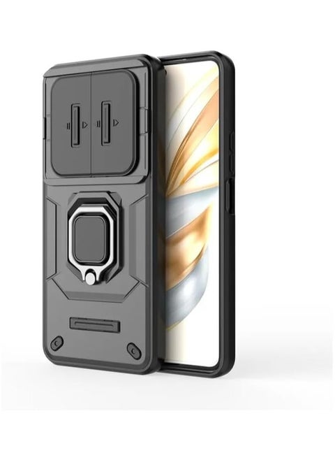 Case Compatible with Honor X9c Smart, 360° Metal Ring Magnetic Kickstand Shell with Camera Lens Slide Window, TPU+PC Armor Shockproof Protective Cover (Black)