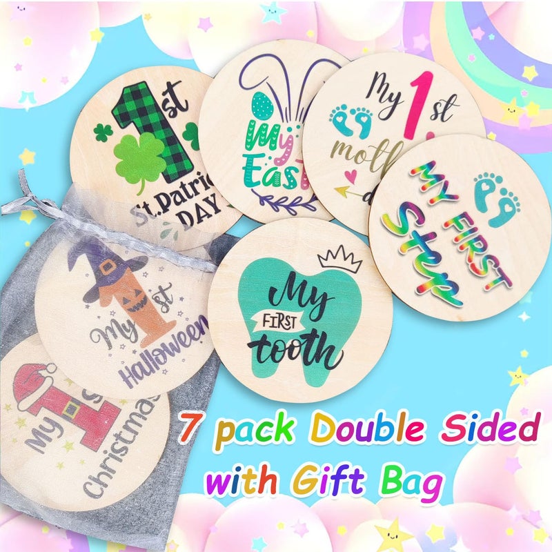 RORANIC Baby First Holiday Milestone Cards, 7 Pack Double Sided Wooden Baby Milestone Signs for Newborn Girl or Boy, Baby Shower Cards Come with Organza Gift Bag (First Special Moments) - Image 2